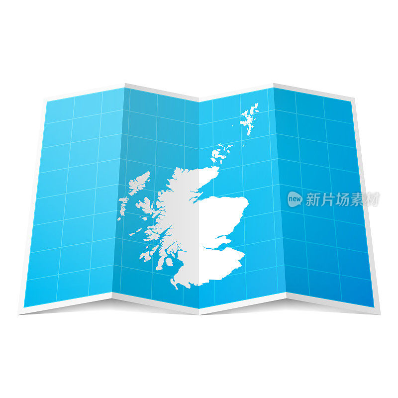 折叠的苏格兰地图，孤立在白色背景上