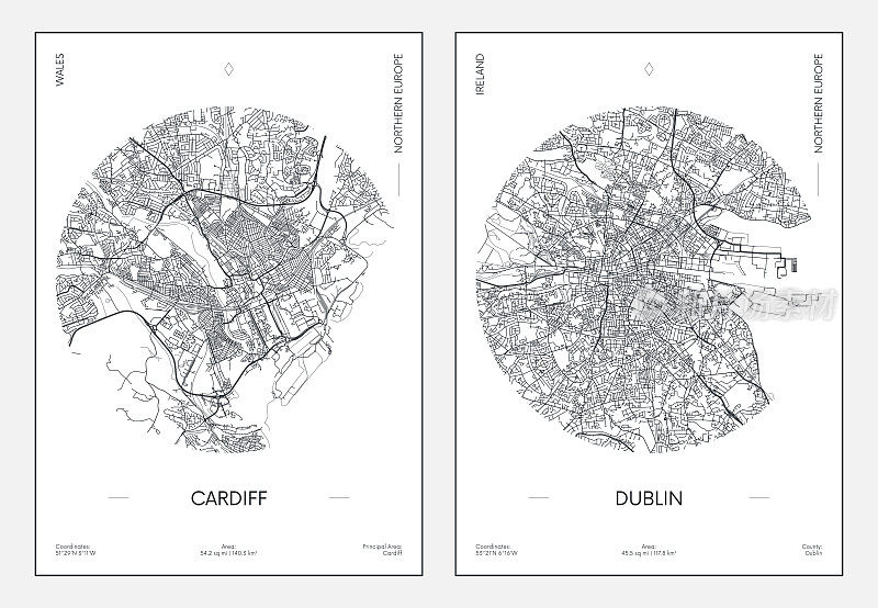 旅游海报，城市街道规划，城市地图卡迪夫和都柏林，矢量插图