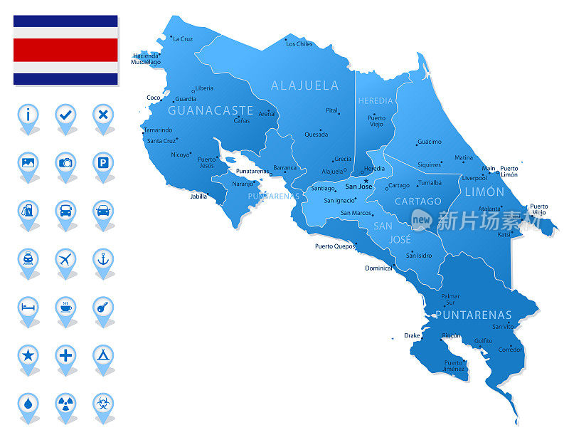 蓝色地图的哥斯达黎加行政区划与旅游信息图标。