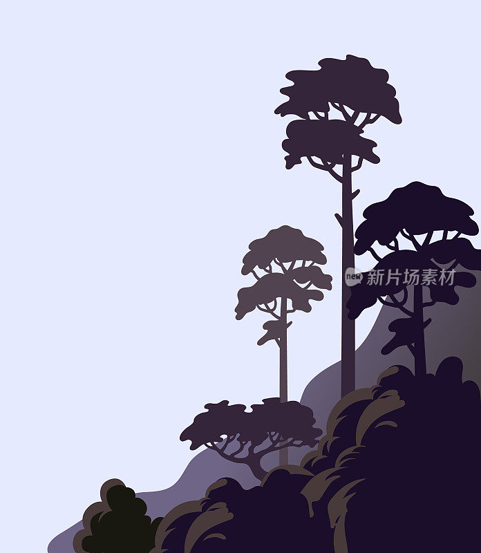 悬崖上的松树，岩石海岸上有高大的树木。矢量插图在平面卡通风格