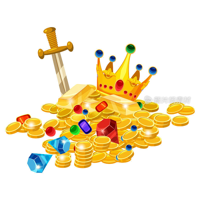 一套珍贵的金币，皇冠，宝石，剑，宝石，钻石。古人幻想堆金奢。矢量卡通风格的游戏应用插图