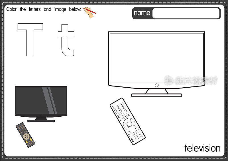 矢量插图的儿童字母着色书页与概述剪贴画，以颜色。字母T代表电视。