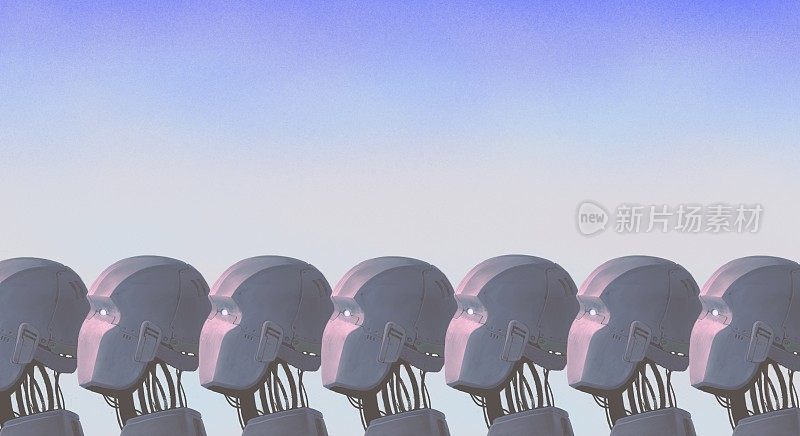 超现实未来主义艺术，机器人群，科学背景，想象艺术，科幻绘画，未来和社会概念，插画，半人半机器人