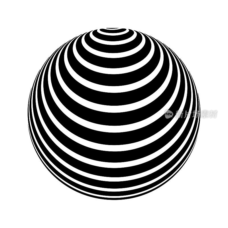 三维球体上的光学错觉。条纹的球体。幻觉效果。黑白3d艺术。矢量插图。