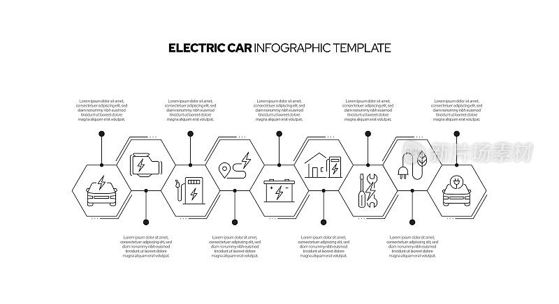 电动汽车概念矢量线信息图形设计图标。9选项或步骤的介绍，横幅，工作流程布局，流程图等。