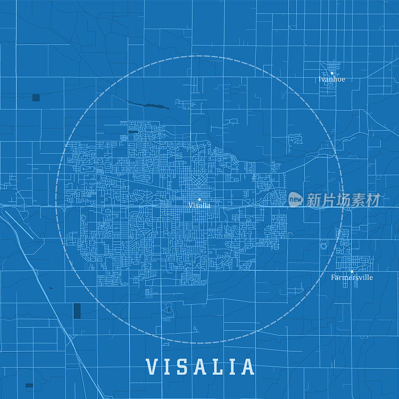 维萨利亚CA城市矢量道路地图蓝色文本