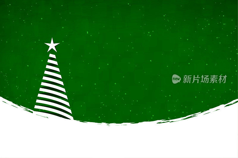 水平矢量插图的创意深绿色背景与一个创意条纹三维白色圣诞树与明亮的闪亮的星在顶部，在底部的雪和闪闪发光的点在所有