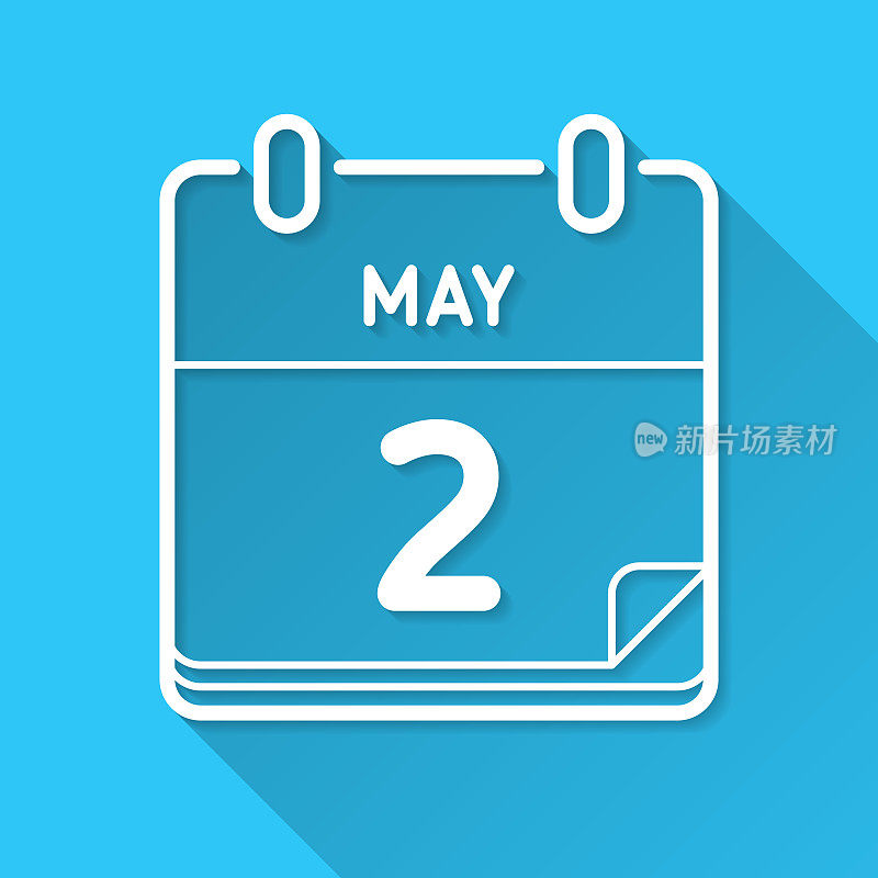 5月2日。图标在蓝色背景-平面设计与长阴影