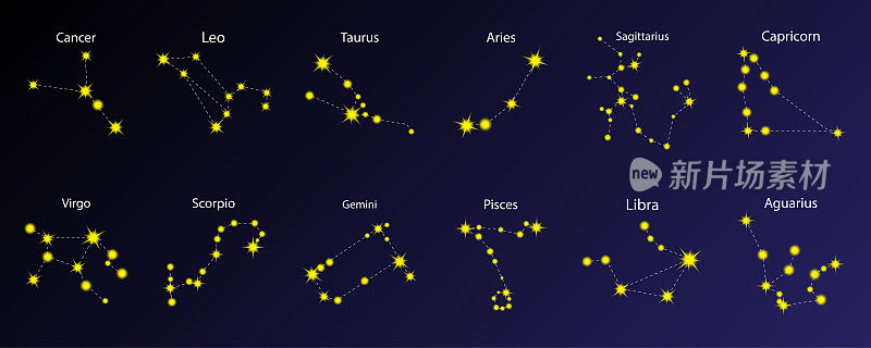 星座图标集。恒星星系背景。星座符号。占星术的元素。矢量插图。股票的形象。