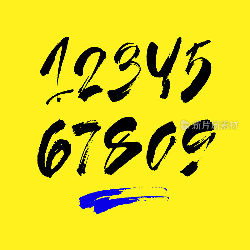 一套书法丙烯酸或墨水数字。ABC为您的设计，刷字母在黄色的背景