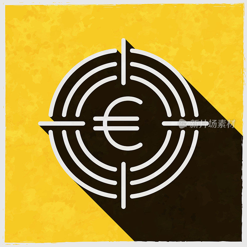 欧元在取景器。图标与长阴影的纹理黄色背景
