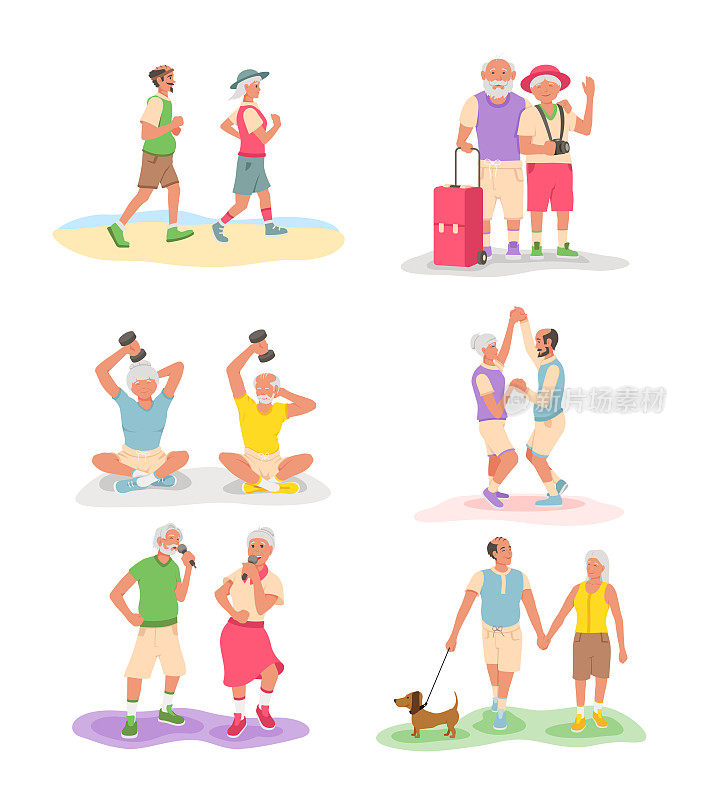活跃的老年情侣集合向量平面插图，成熟的情侣出游、运动跑步
