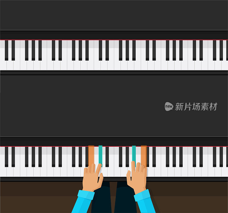 钢琴键键盘向量与播放器艺术家的手和和弦教育学校或特写钢琴家音乐家的手臂演奏在大合成器横幅白色黑色彩色插图平面卡通顶部