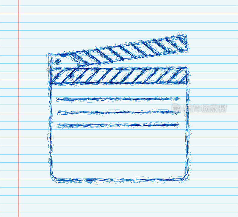 黑色的封闭拍板。草图图标。黄色电影板，用于电影制作和视频制作的设备