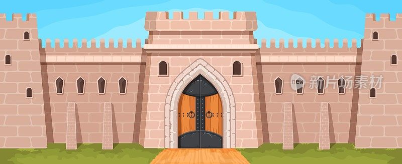 带有门和塔的中世纪王国的卡通石墙。有拱形门的城堡或城镇要塞。幻想地牢砖墙矢量场景