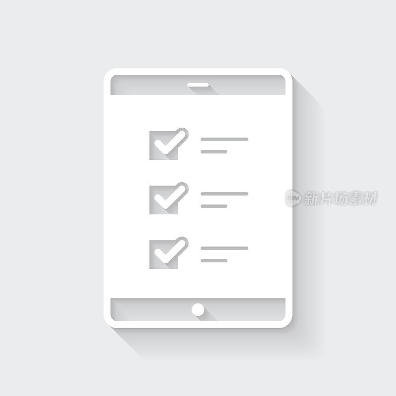 平板电脑与检查表。图标与空白背景上的长阴影-平面设计