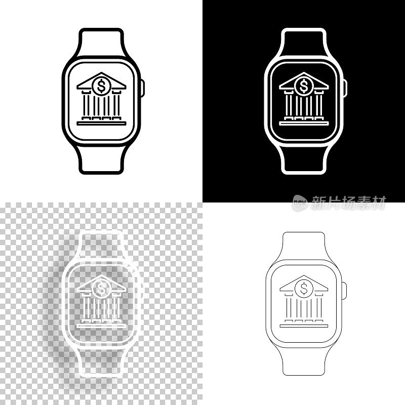 Smartwatch与银行。图标设计。空白，白色和黑色背景-线图标