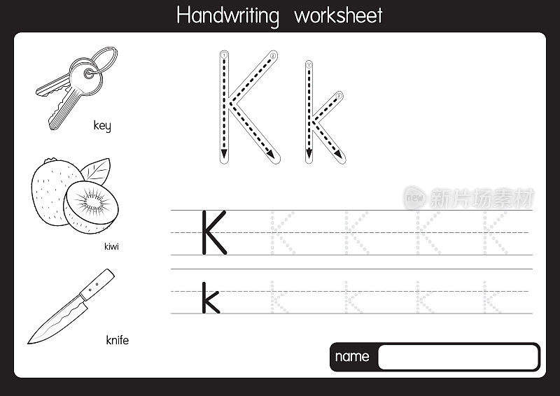 矢量说明芒果字母K大写字母或大写字母的儿童学习练习ABC