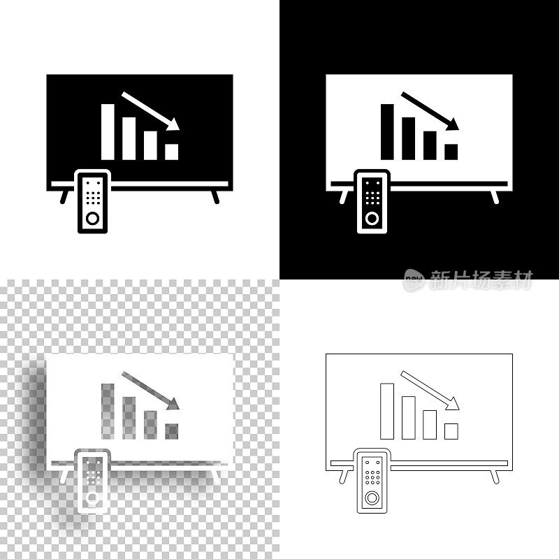 电视上的下降图表。图标设计。空白，白色和黑色背景-线图标