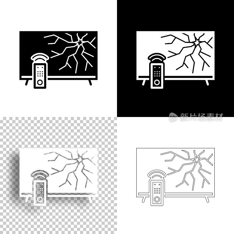 屏幕坏了的电视。图标设计。空白，白色和黑色背景-线图标