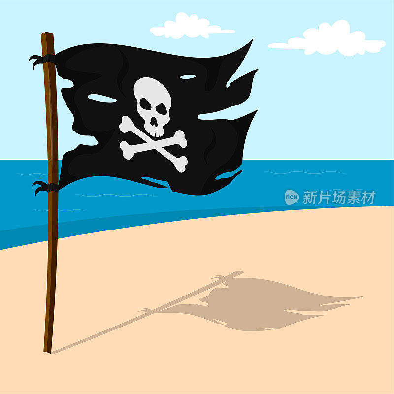 沙滩上的海盗黑旗，上面有交叉的骨头和头骨。藏宝之地。卡通矢量图