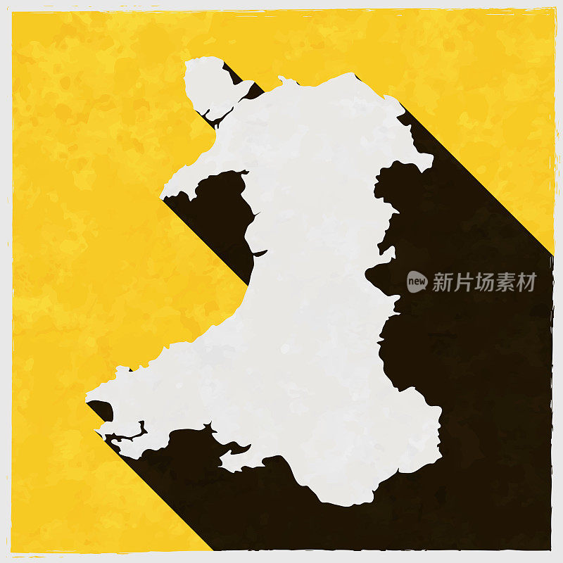 威尔士地图与纹理黄色背景上的长阴影