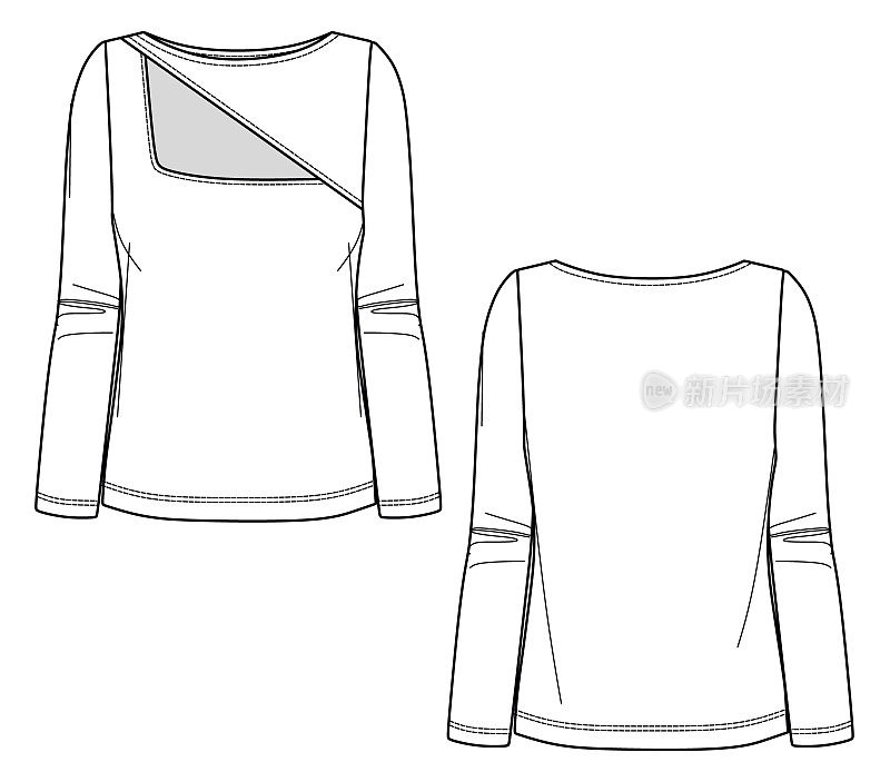 矢量裁剪长袖t恤时尚CAD，女人冬季船颈顶技术图纸，模板，草图，平。针织或梭织上衣，有正反两面，白色