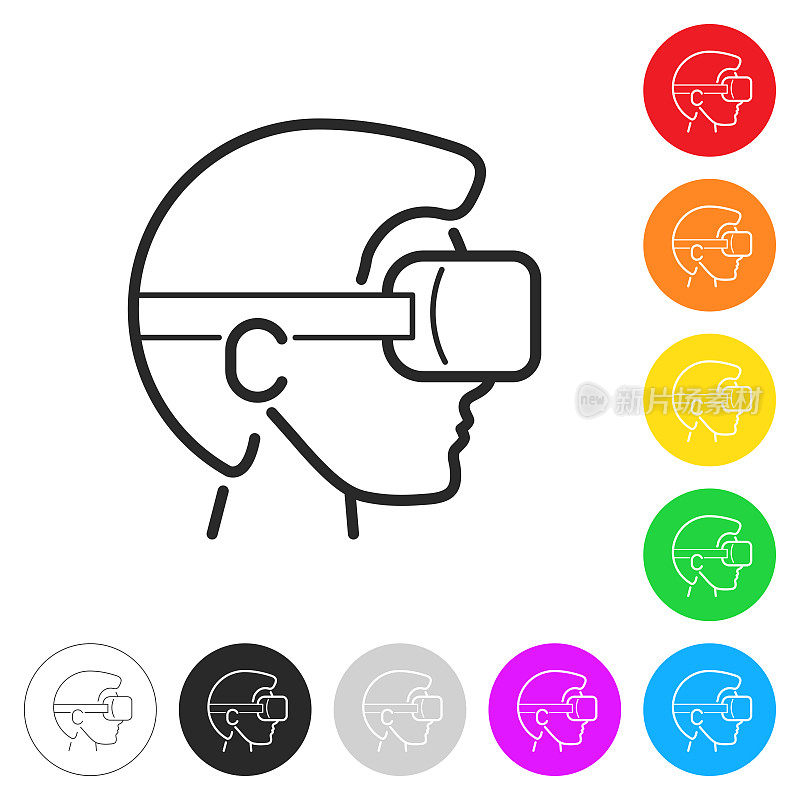 带着VR头盔的人-虚拟现实。彩色按钮上的图标