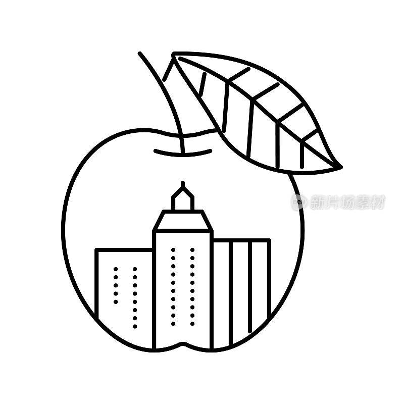 纽约市大苹果线图标矢量插图