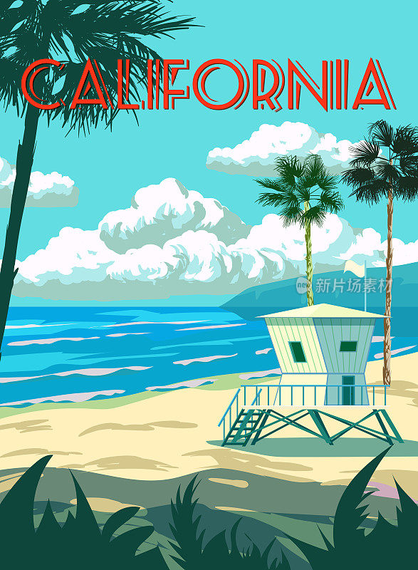 加州的复古海报。海滩，棕榈，海岸，冲浪，海洋上的救生员的房子。矢量图的