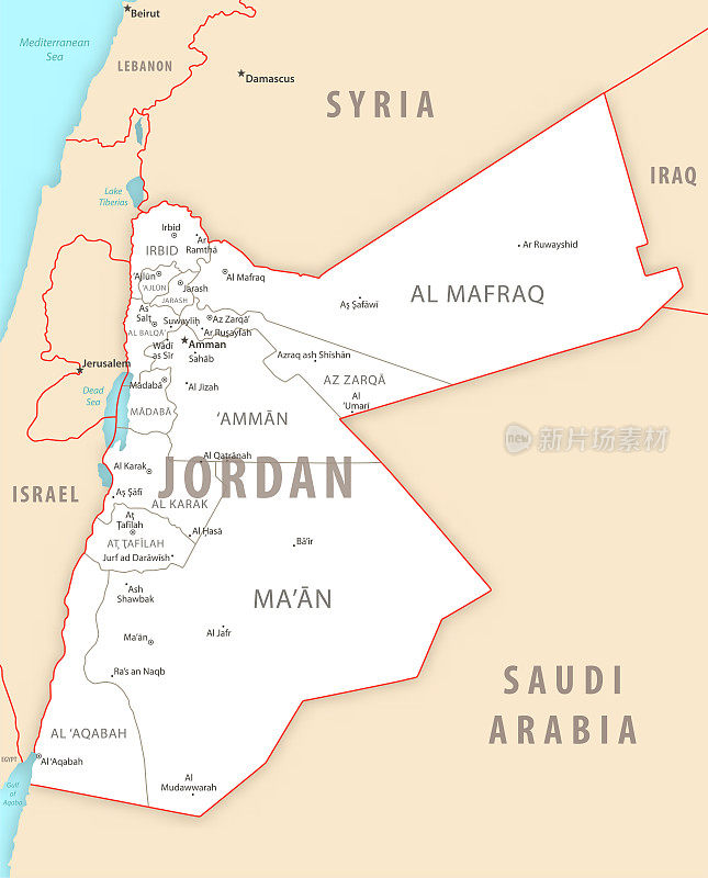 约旦详细地图上有约旦的地区和城市。