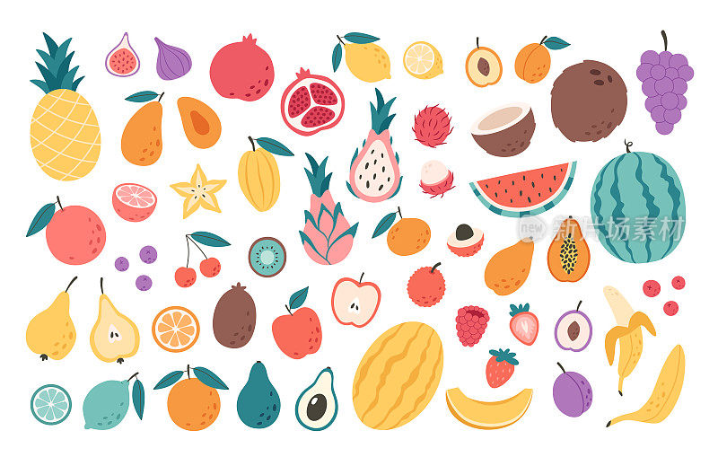 水果，浆果和异国水果收集。天然有机营养。健康食品，营养产品，新鲜维生素食品。矢量插图在平面风格