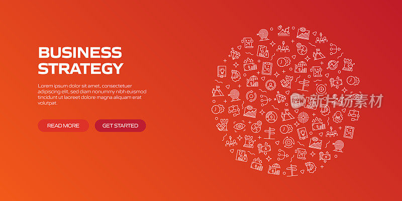 商业策略网络横幅与线性图标，时髦的线性风格向量