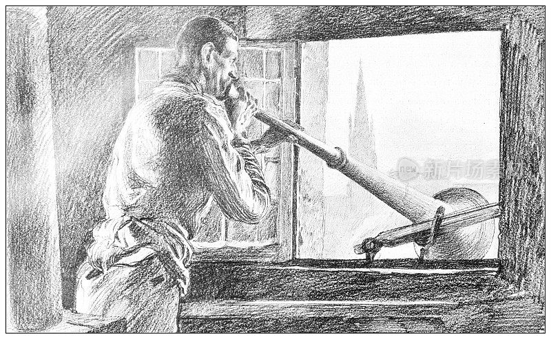 古画:布鲁日钟楼,吹号的男人