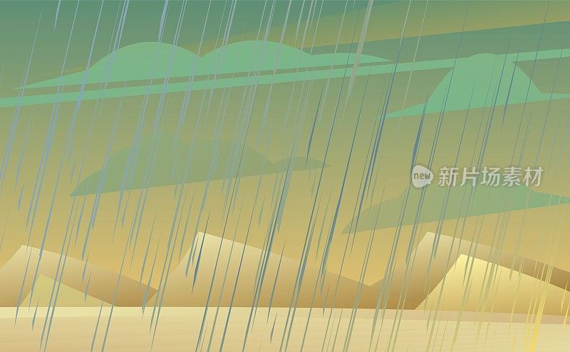 沙漠中的夏雨。有雨天气的景观。水柱从天空倾泻而下。卡通趣味风格。平面设计。向量。