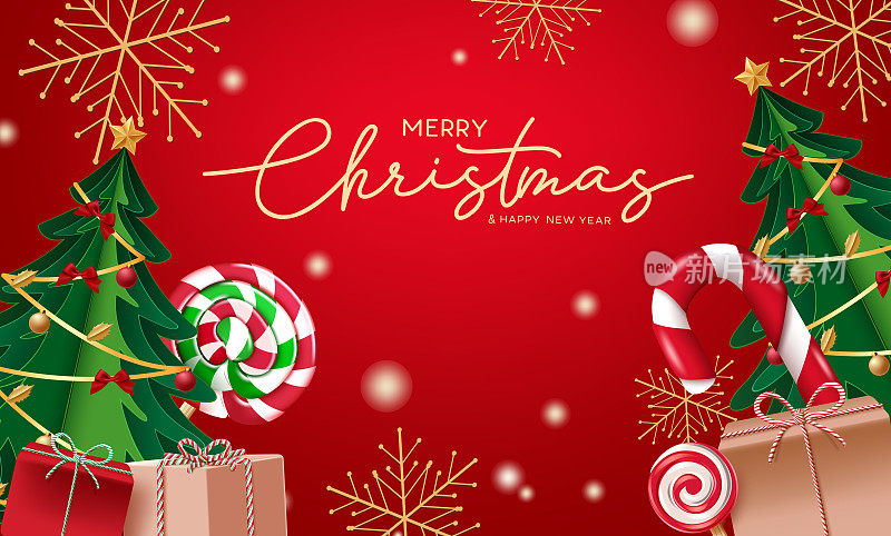 圣诞快乐矢量设计。圣诞快乐的文字与圣诞树，糖果手杖和礼物的节日贺卡。