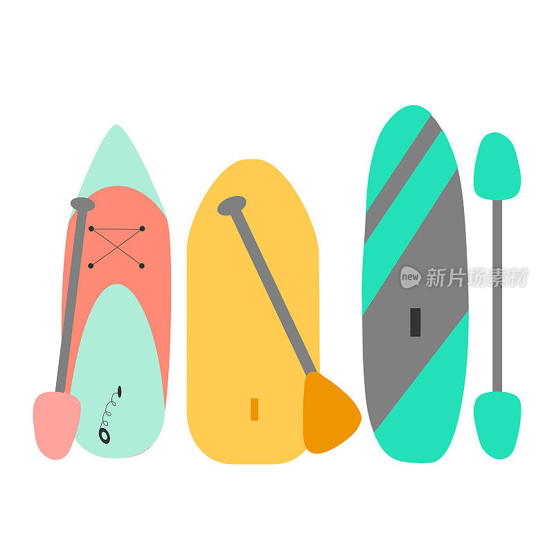 不同的sup立起来或桨冲浪板，平面矢量