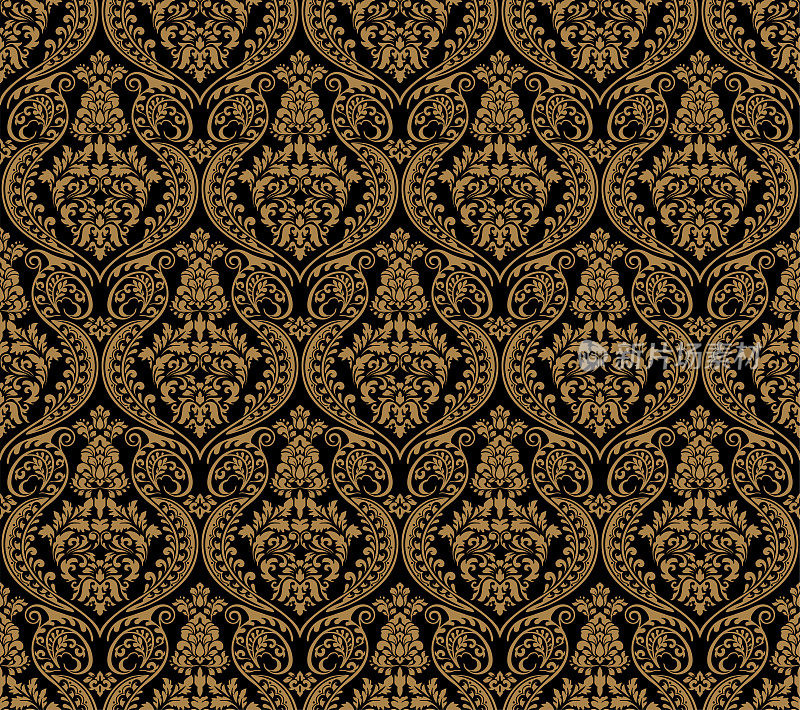 金色和黑色维多利亚锦缎豪华装饰织物图案