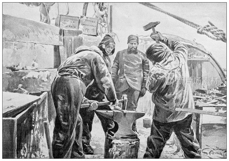 古董插图:弗里德吉夫南森北极探险队，在弗拉姆船上锻造