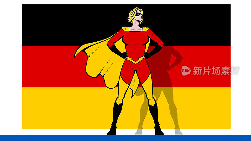 矢量复古波普艺术女性德国超级英雄与美国国旗在背景股票插图