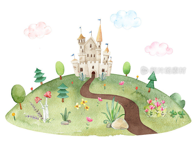 童趣水彩插图的夏季风景草地与地面小径，童话城堡，树木，绿色的草，花