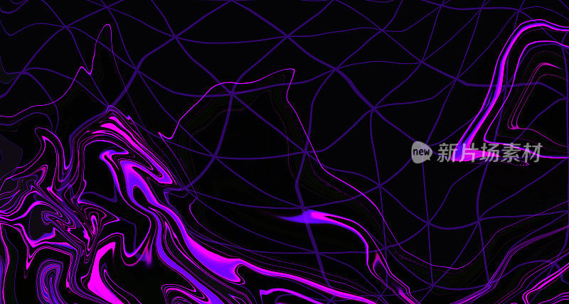 流体霓虹紫色粉色波在黑色背景。抽象的液相线。艺术迷幻的数字屏幕。庆祝活动背景。皇家旗帜。模板。豪华质感。虚拟现实。Metaverse卡。紫罗兰。虚拟现实。