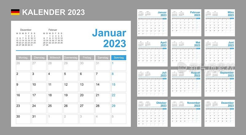 德国日历2023年。一周从星期一开始。简单的矢量模板。商业设计规划师。