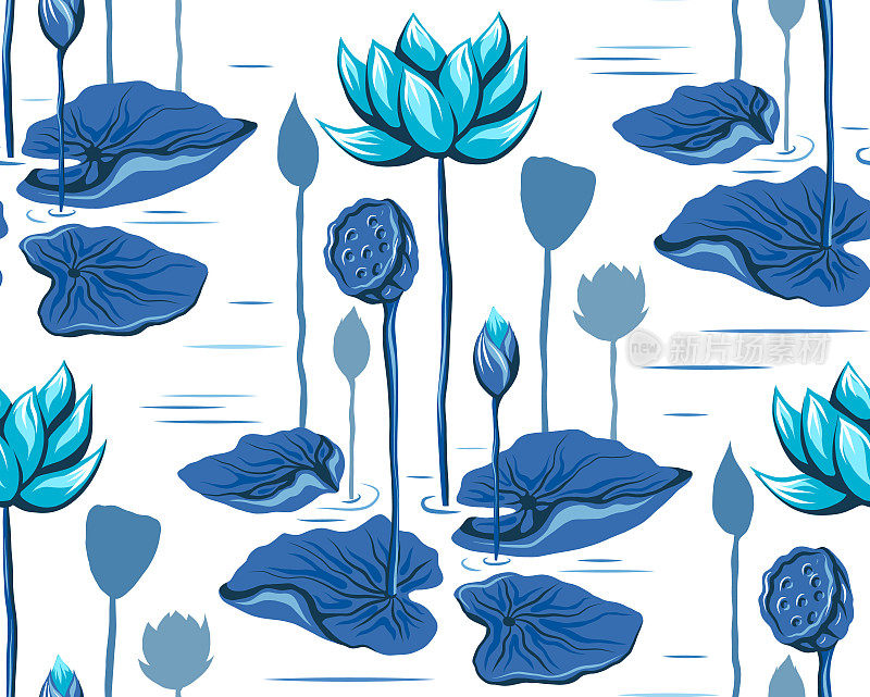 无缝的矢量纹理与莲花，树叶和湖泊。植物图案与蓝色手绘睡莲茎在池塘