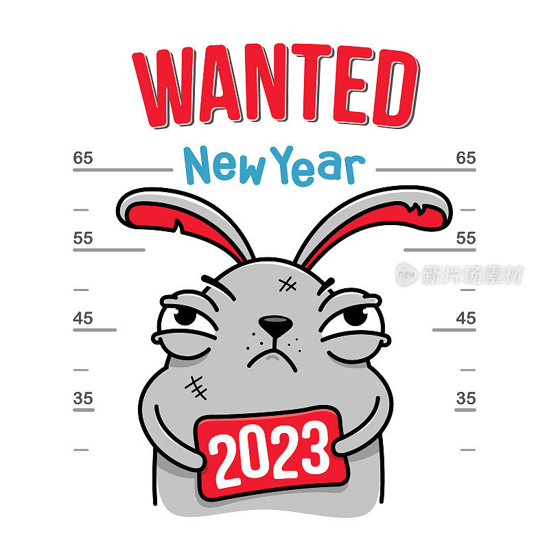 海报上的一只坏兔子的照片——新年通缉犯，手里拿着2023的标志，象征着这个节日。新年贺卡或横幅的概念