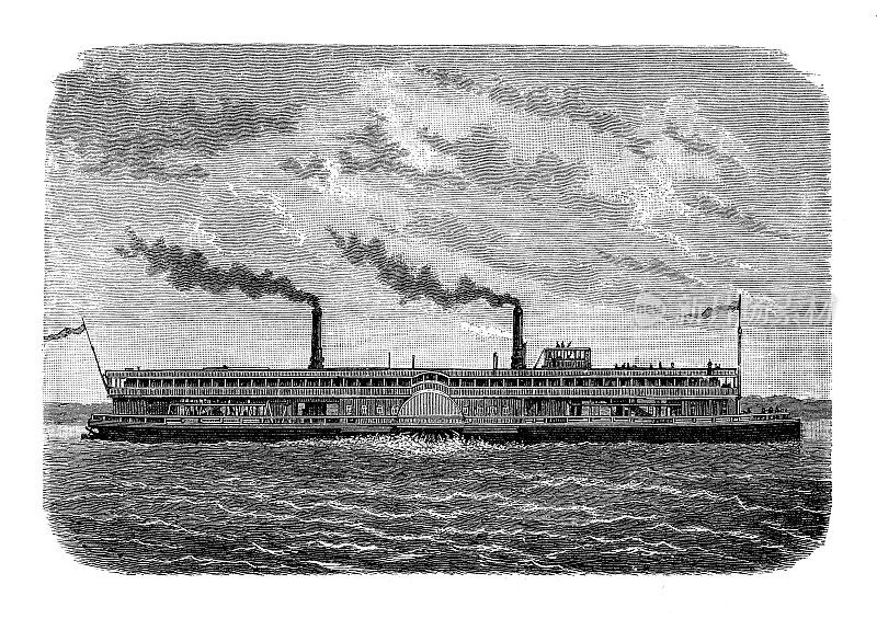 伏尔加河上使用的带有后甲板和侧轮桨的双层蒸汽船