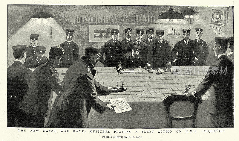 维多利亚时代的19世纪，英国皇家海军军官在皇家海军磅礴号上进行海战游戏