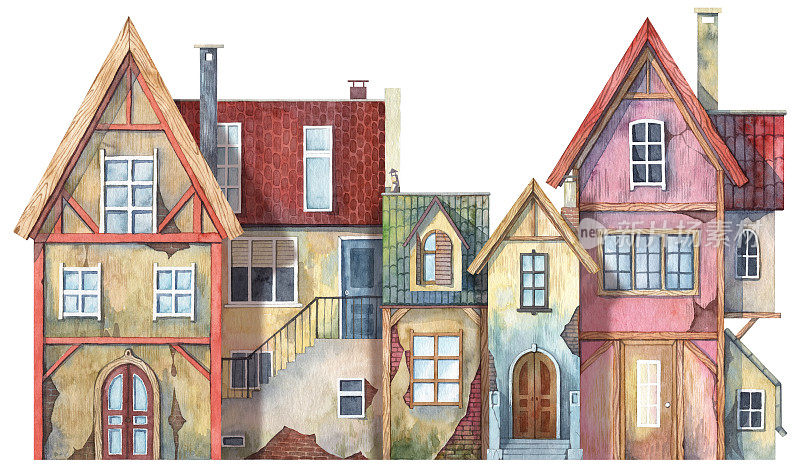 老城区五颜六色的房子街景。水彩手绘建筑插画