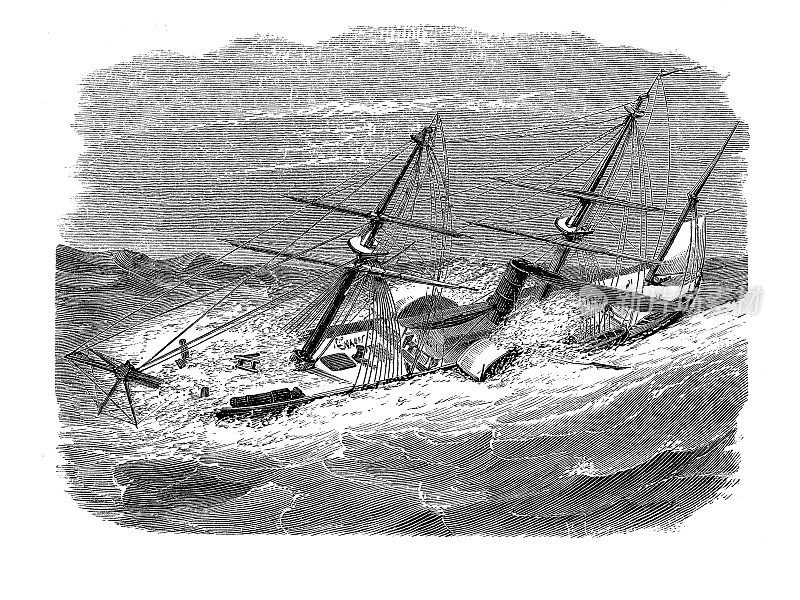 一艘在台风中甲板被狂风巨浪覆盖的桨轮轮船