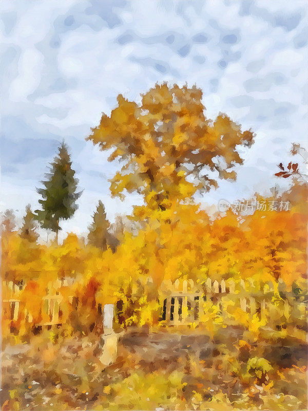 秋天水彩画乡村风景。巨大的橡树，在一个废弃的花园里。杂草丛生的旧栅栏。树叶呈青铜色、黄色和橙色。旅行,旅游。数字绘画。画水彩画